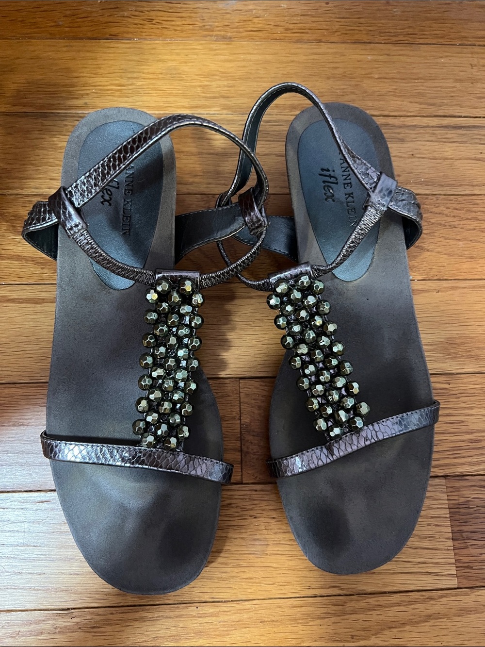 Anne Klein Brown Metallic Jeweled T-Strap Sandals